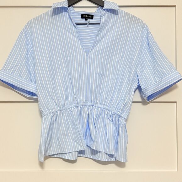 1.State Johnny Collar Gathered Waist Top Blue & White Vertical Stripe NWOT XS - Picture 3 of 8